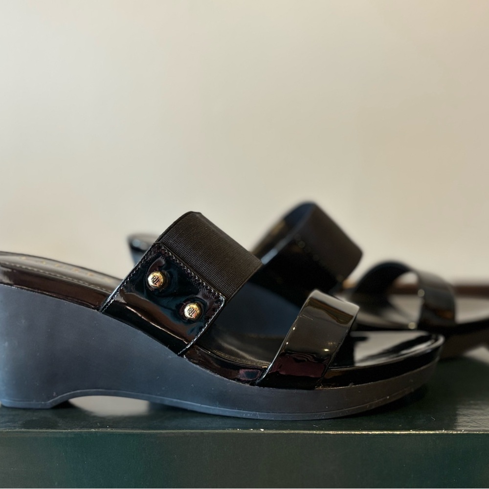Ralph Lauren Women’s Rhianna Black Sandals Slides Wedge Heel Shoes Sz 8B NIB